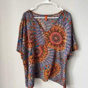 Feiersi Womens XXL Multicolor Mandala Floral V-Neck Oversized Blouse Boho Top